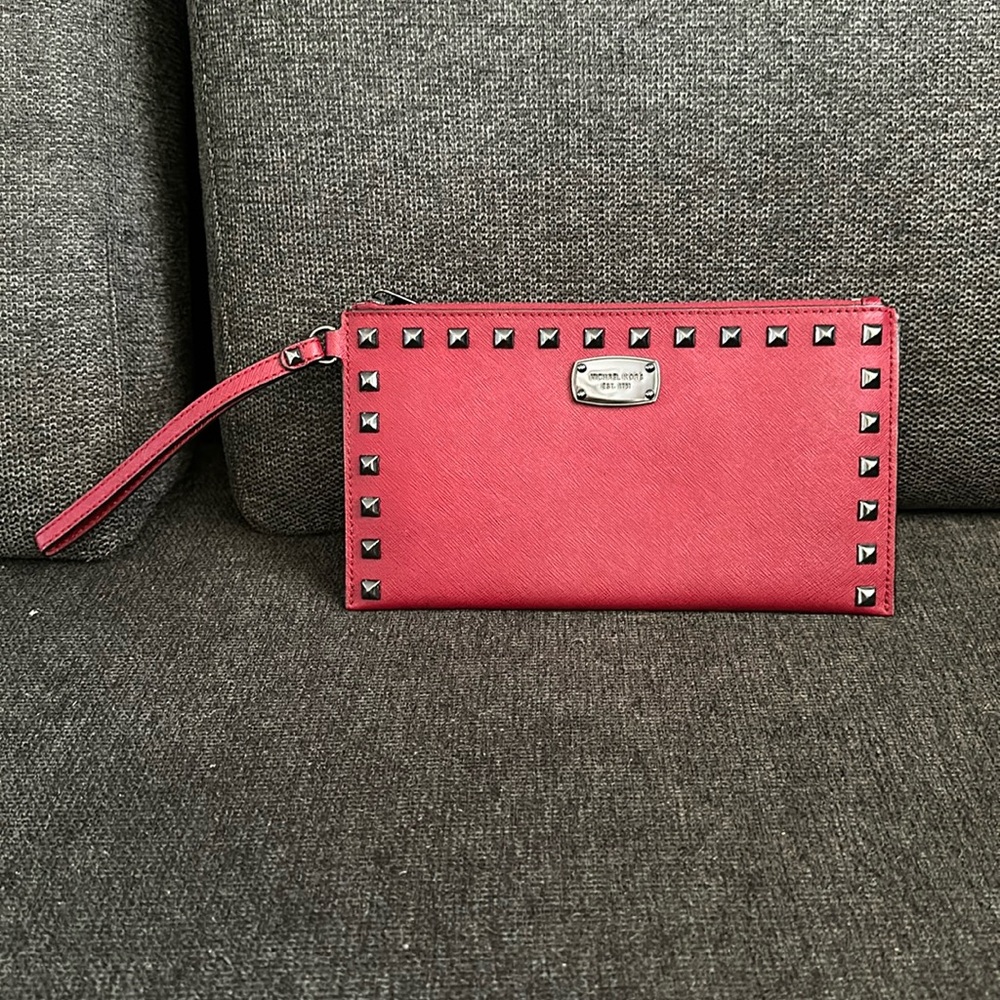 Michael Kors Saffiano Leather Studded Burgundy Wristlet